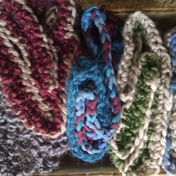 Luxe Infinity Scarves. Colors: Foggy Day, Bordeaux, Coastal Cabin, Garden and Wedgewood