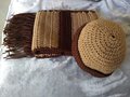 Close up Beanie and Scarf in Brown color block.
